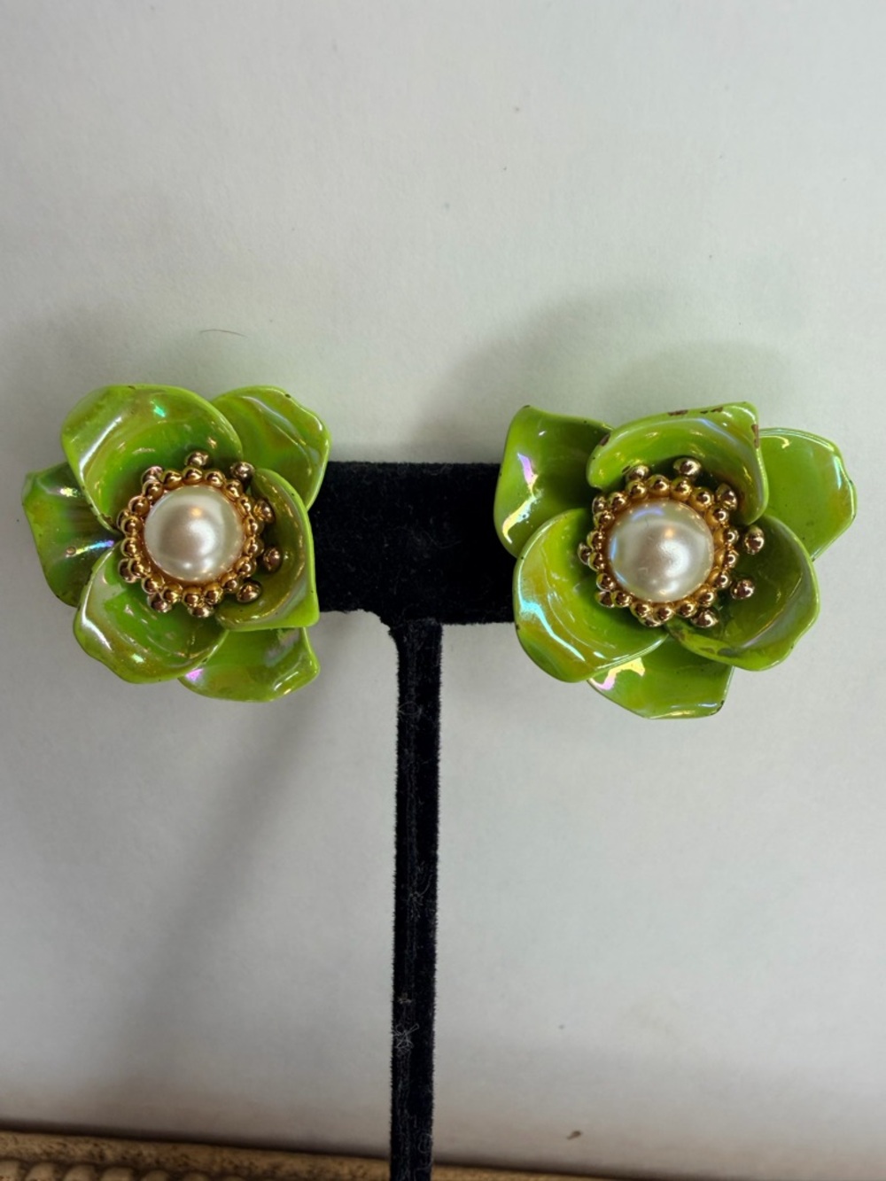 Coro Vintage Green Enamel Flower Earrings with Pearl and Gold-Tone Accents